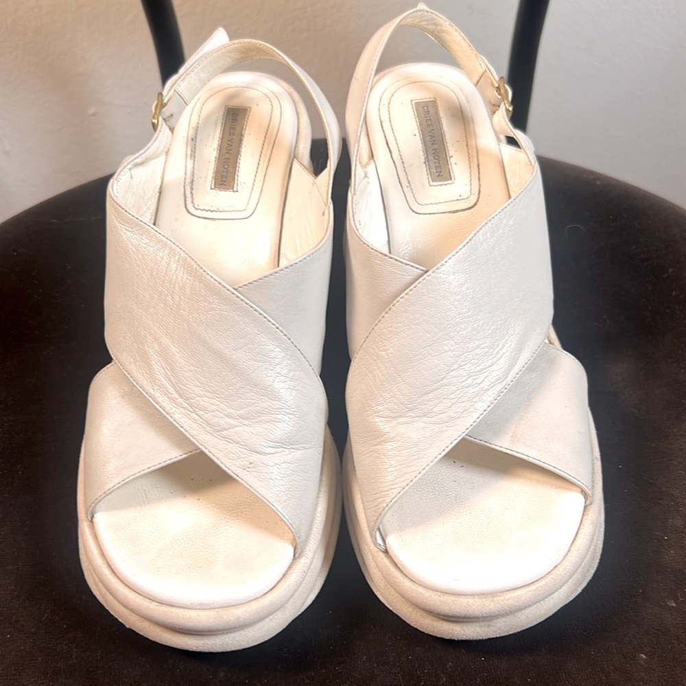 Dries Van Noten White Stacked Platform Leather Sandals Size 38 (7.5)